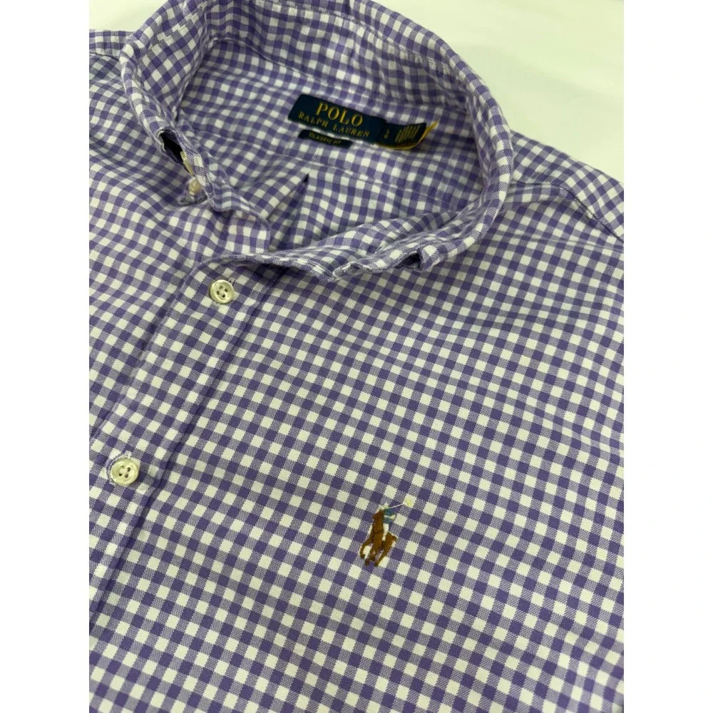 Polo Ralph Lauren Mens Gingham Check Button Down Shirt Purple White Classic  L